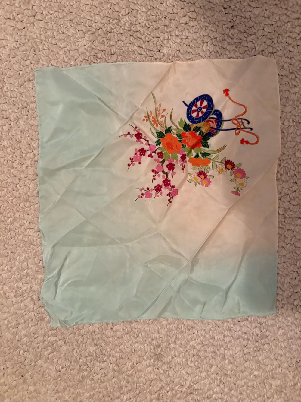Sillk Floral Ombre handkerchief in Light Aqua vintage hand rolled